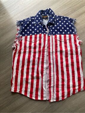 Men’s Medium Sleeveless American Flag Button-Up Shirt - Red White Blue